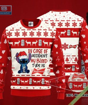 Stitch In Case Of Accident My Blood Type Is Budweiser Ugly Christmas Sweater Hoodie Zip Hoodie Bomber Jacket