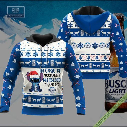 Stitch In Case Of Accident My Blood Type Is Busch Light Ugly Christmas Sweater Hoodie Zip Hoodie Bomber Jacket