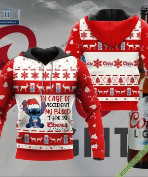 Stitch In Case Of Accident My Blood Type Is Coors Light Ugly Christmas Sweater Hoodie Zip Hoodie Bomber Jacket