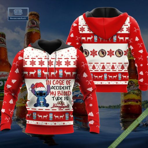 Stitch In Case Of Accident My Blood Type Is Leinenkugel’s Ugly Christmas Sweater Hoodie Zip Hoodie Bomber Jacket