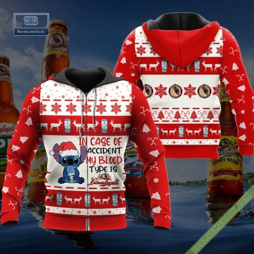 Stitch In Case Of Accident My Blood Type Is Leinenkugel’s Ugly Christmas Sweater Hoodie Zip Hoodie Bomber Jacket