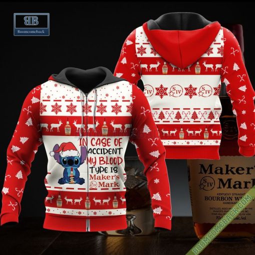 Stitch In Case Of Accident My Blood Type Is Makers Mark Ugly Christmas Sweater Hoodie Zip Hoodie Bomber Jacket