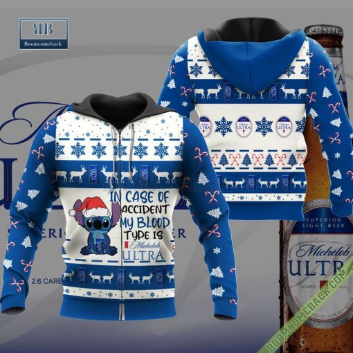 Stitch In Case Of Accident My Blood Type Is Michelob Ultra Ugly Christmas Sweater Hoodie Zip Hoodie Bomber Jacket