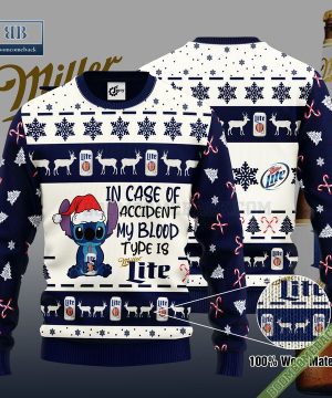 Stitch In Case Of Accident My Blood Type Is Miller Lite Ugly Christmas Sweater Hoodie Zip Hoodie Bomber Jacket