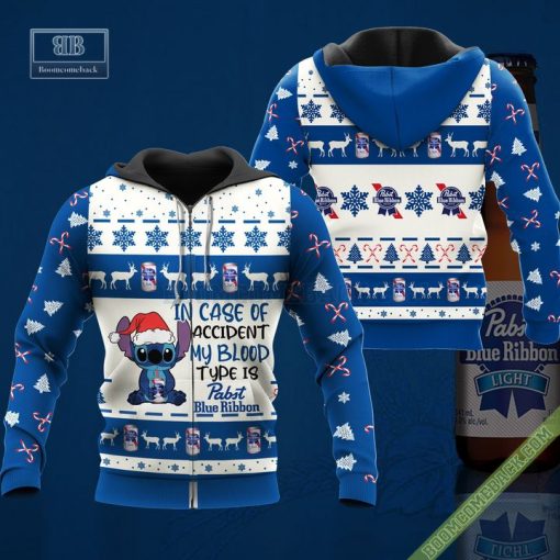 Stitch In Case Of Accident My Blood Type Is Pabst Blue Ribbon Ugly Christmas Sweater Hoodie Zip Hoodie Bomber Jacket