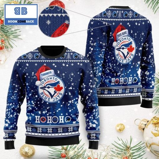 Toronto Blue Jays Santa Claus Hat Ho Ho Ho 3D Custom Name Ugly Christmas Sweater