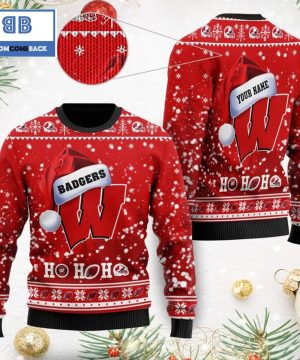 Wisconsin Badgers NCAA Santa Claus Hat Ho Ho Ho 3D Custom Name Ugly Christmas Sweater