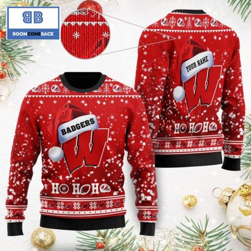 Wisconsin Badgers NCAA Santa Claus Hat Ho Ho Ho 3D Custom Name Ugly Christmas Sweater