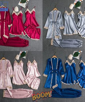 5 in 1 Sexy Pajama Set with Bathrobe – Lace Nightwear for Women