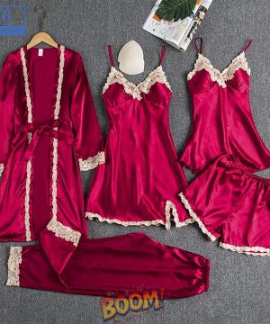 5 in 1 Sexy Pajama Set with Bathrobe – Lace Nightwear for Women