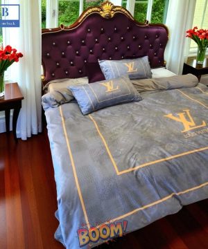 Louis Vuitton Luxury Gray With Gold Bolder Comforter Bedding Set